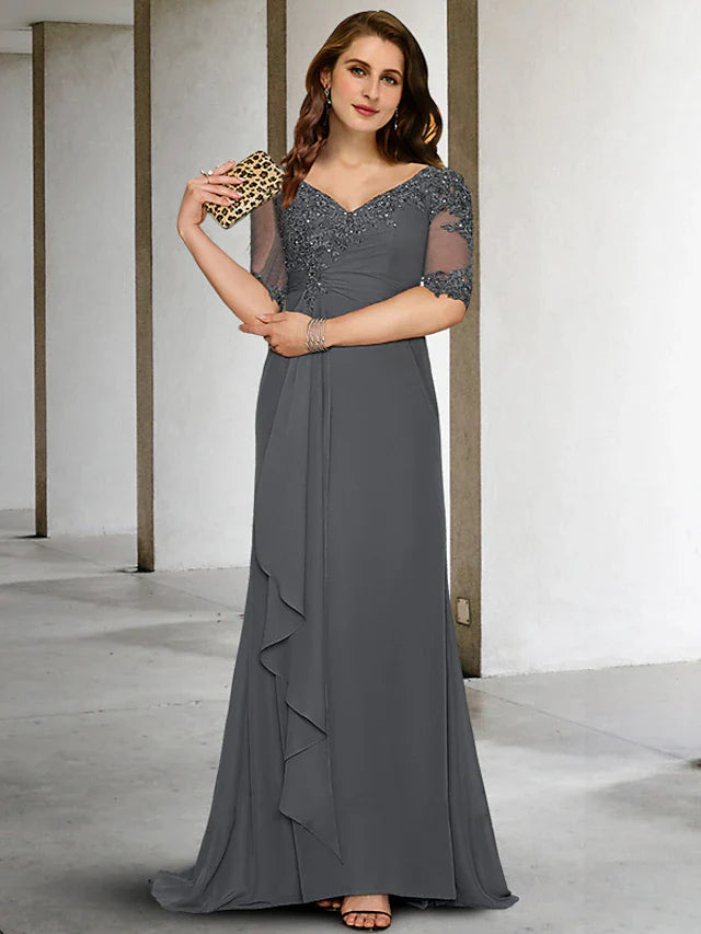 Wholesale Mermaid / Trumpet Plus Size Curve Mother of the Bride Dresses Vintage Dress Formal Sweep / Brush Train Half Sleeve V Neck Chiffon with Pleats Appliques