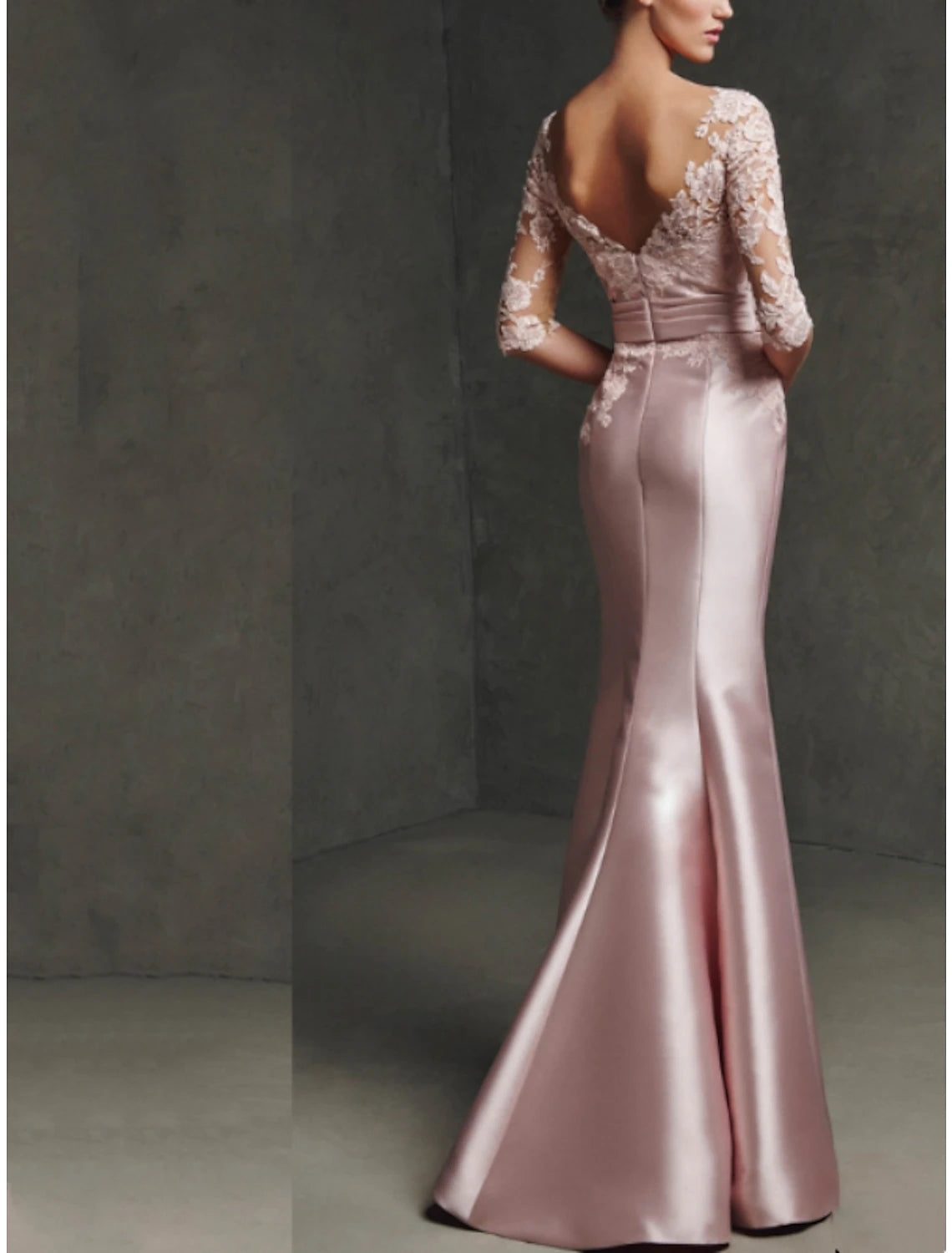 Wholesale Mermaid / Trumpet Mother of the Bride Dress Formal Elegant Party Scoop Neck Floor Length Satin Lace 3/4 Length Sleeve with Pleats Split Front