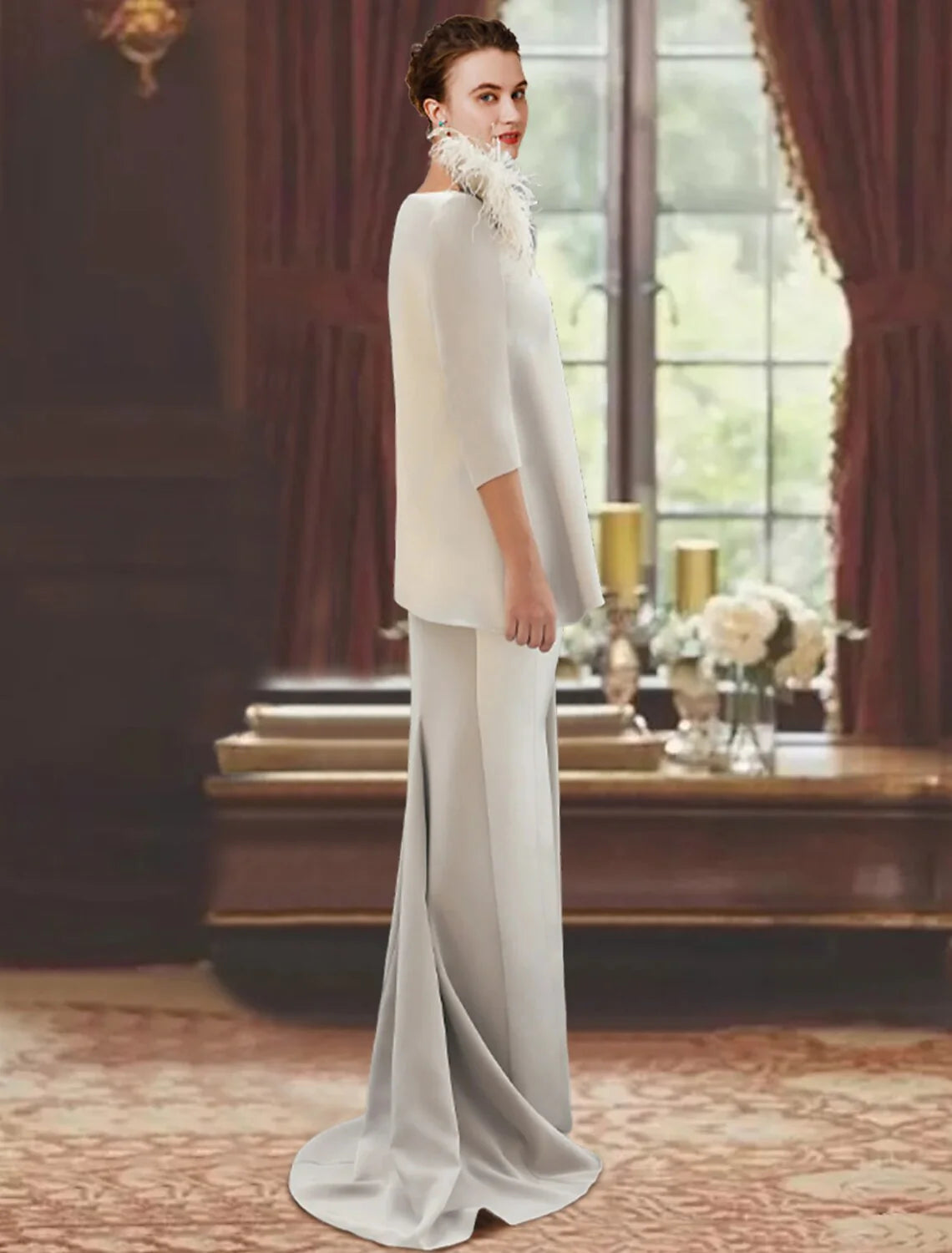 Wholesale Sheath / Column Mother of the Bride Dress Formal Wedding Guest Elegant Scoop Neck Sweep / Brush Train Stretch Fabric 3/4 Length Sleeve with Feather