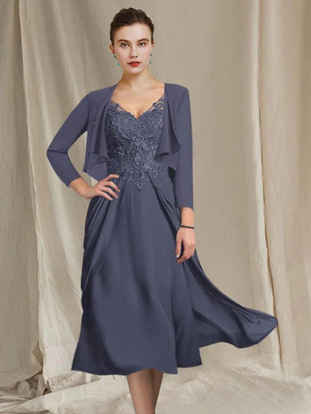 Wholesale A-Line Mother of the Bride Dress Plus Size Elegant V Neck Tea Length Chiffon Lace Short Sleeve Wrap Included with Appliques