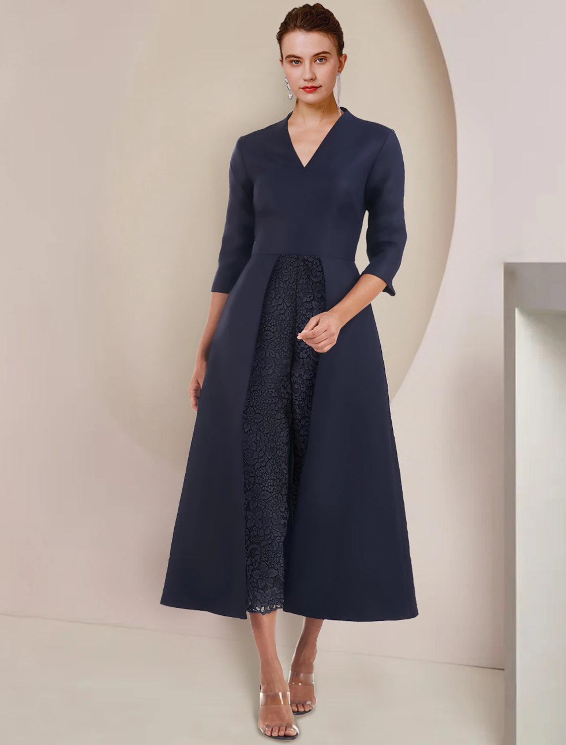 Wholesale  Jumpsuit / Pantsuit Mother of the Bride Dress Wedding Guest Party Elegant V Neck Tea Length Taffeta 3/4 Length Sleeve with Solid