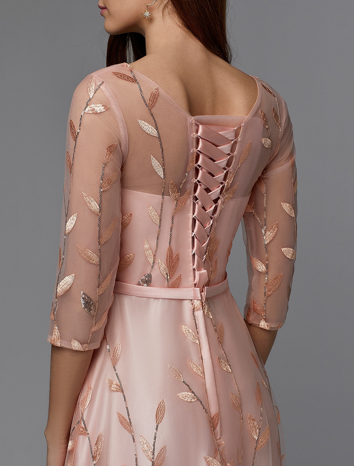 Wholesale  A-Line Floral Dress Wedding Guest Prom Floor Length 3/4 Length Sleeve Illusion Neck Bridesmaid Dress Lace with Pattern / Print Appliques