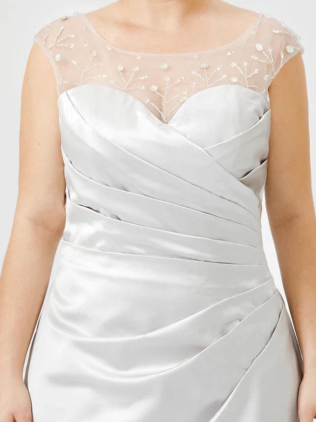 Wholesale Sheath / Column Mother of the Bride Dress Classic & Timeless Elegant & Luxurious Plus Size Jewel Neck Floor Length Satin Sleeveless No with Pleats Crystals