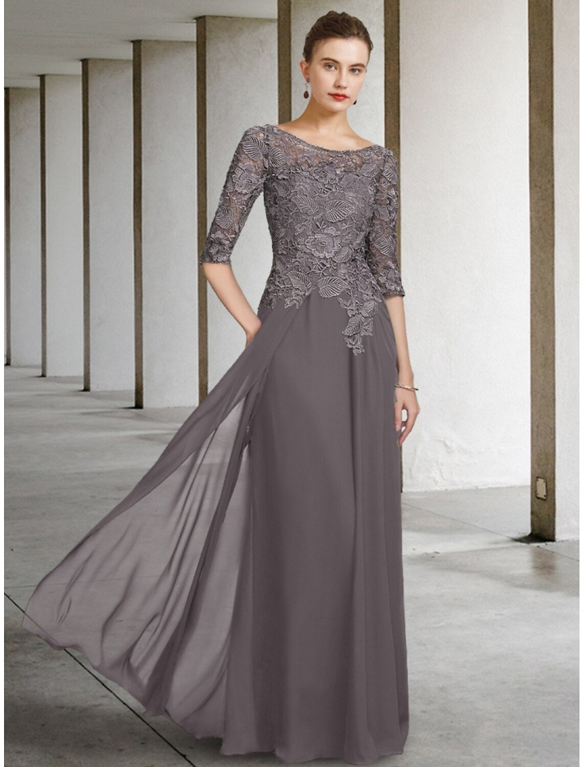 Wholesale A-Line Mother of the Bride Dress Wedding Guest Elegant Scoop Neck Floor Length Chiffon Lace Half Sleeve with Ruching Solid Color