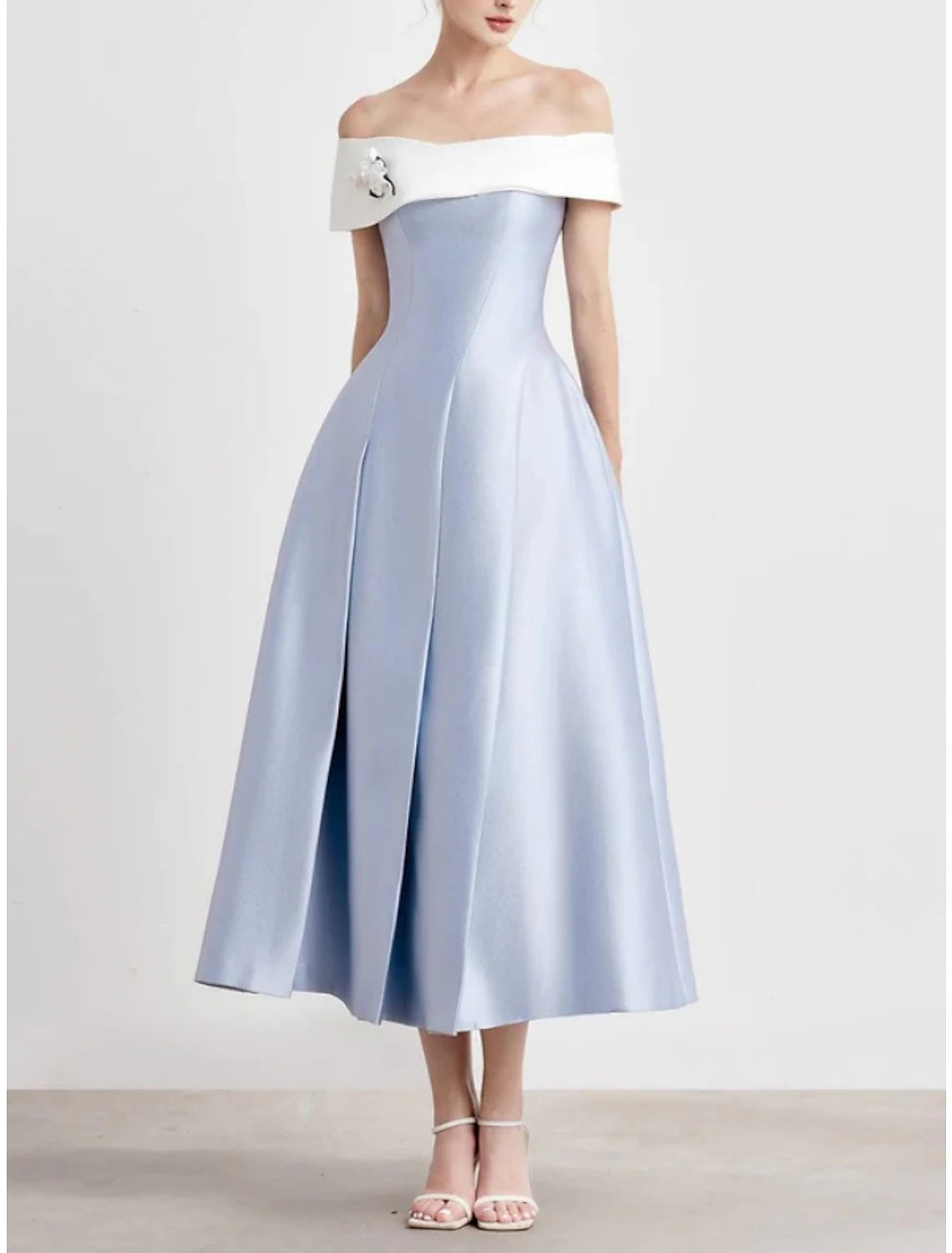 Wholesale A-Line Evening Gown Elegant Dress Formal Tea Length Short Sleeve Off Shoulder Satin with Pleats Shouder Flower