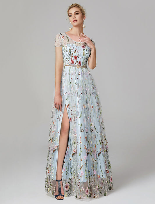 Wholesale  A-Line Prom Dresses Floral Dress Wedding Guest Formal Evening Floor Length Short Sleeve Illusion Neck Lace with Slit Appliques