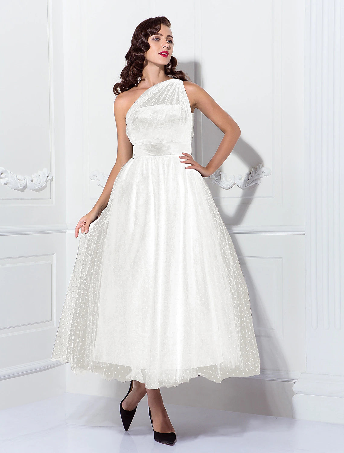 Wholesale A-Line Cocktail Dresses Vintage Dress Wedding Guest Cocktail Party Ankle Length Sleeveless One Shoulder Wednesday Addams Family Tulle with Pleats