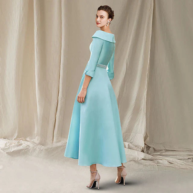 Wholesale A-Line Mother of the Bride Dress Wedding Guest Luxurious Elegant Bateau Neck Ankle Length Satin 3/4 Length Sleeve with Sash / Ribbon Bow(s) Beading
