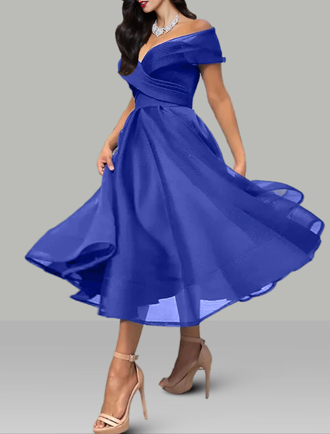 Wholesale A-Line Prom Dresses Vintage Dress Wedding Guest Summer Tea Length Sleeveless Off Shoulder Organza Backless with Ruched