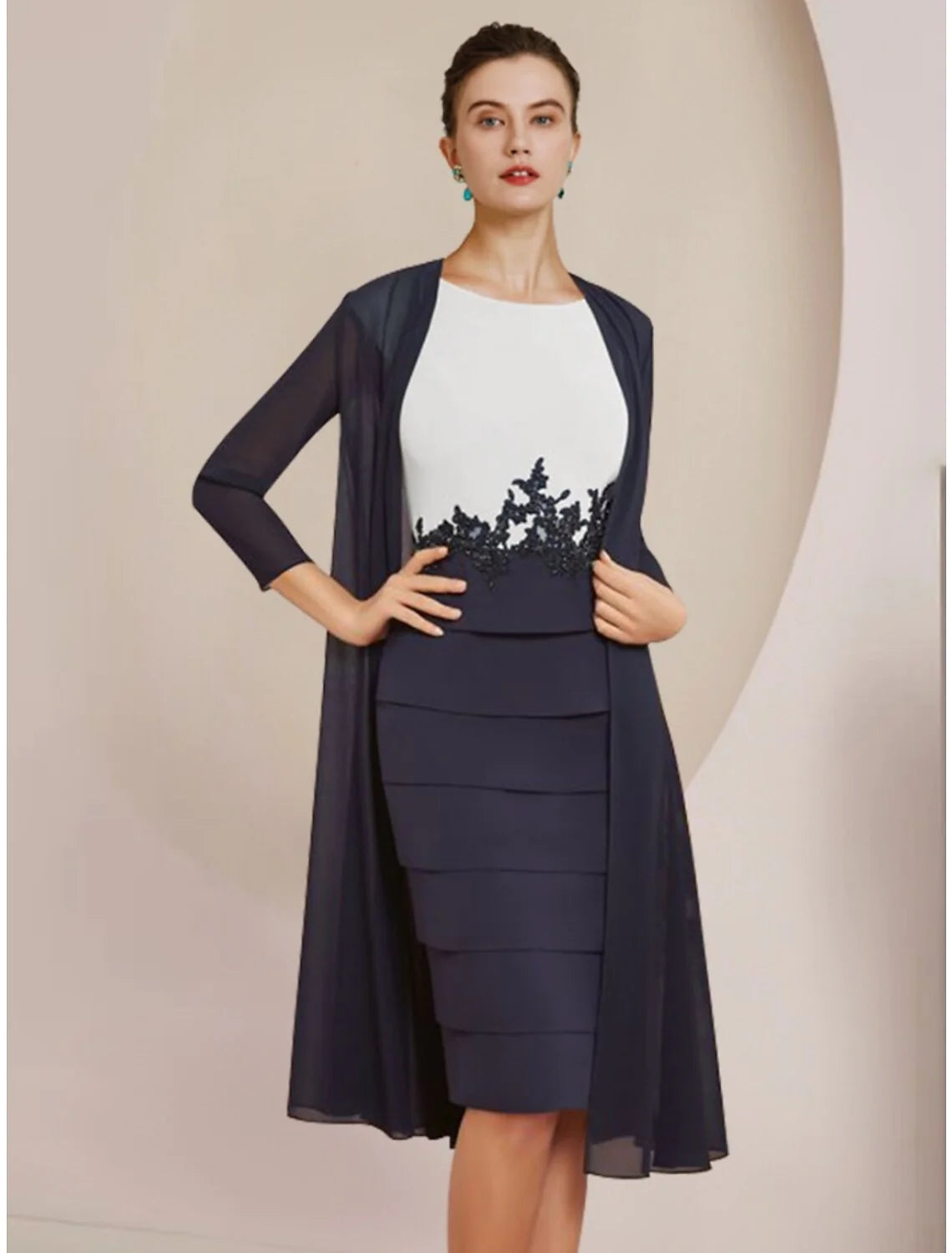 Wholesale Two Piece Sheath / Column Mother of the Bride Dress Wedding Guest Elegant Petite Scoop Neck Knee Length Chiffon Lace Long Sleeve with Ruching