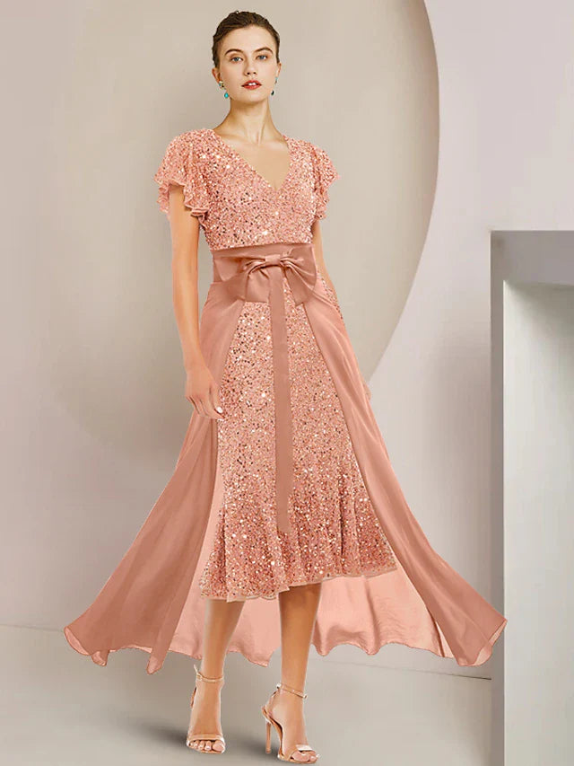 Wholesale Two Piece A-Line Mother of the Bride Dress Formal Wedding Guest Sparkle & Shine Elegant V Neck Tea Length Lace Sequined Short Sleeve with Bow(s) Beading Sequin