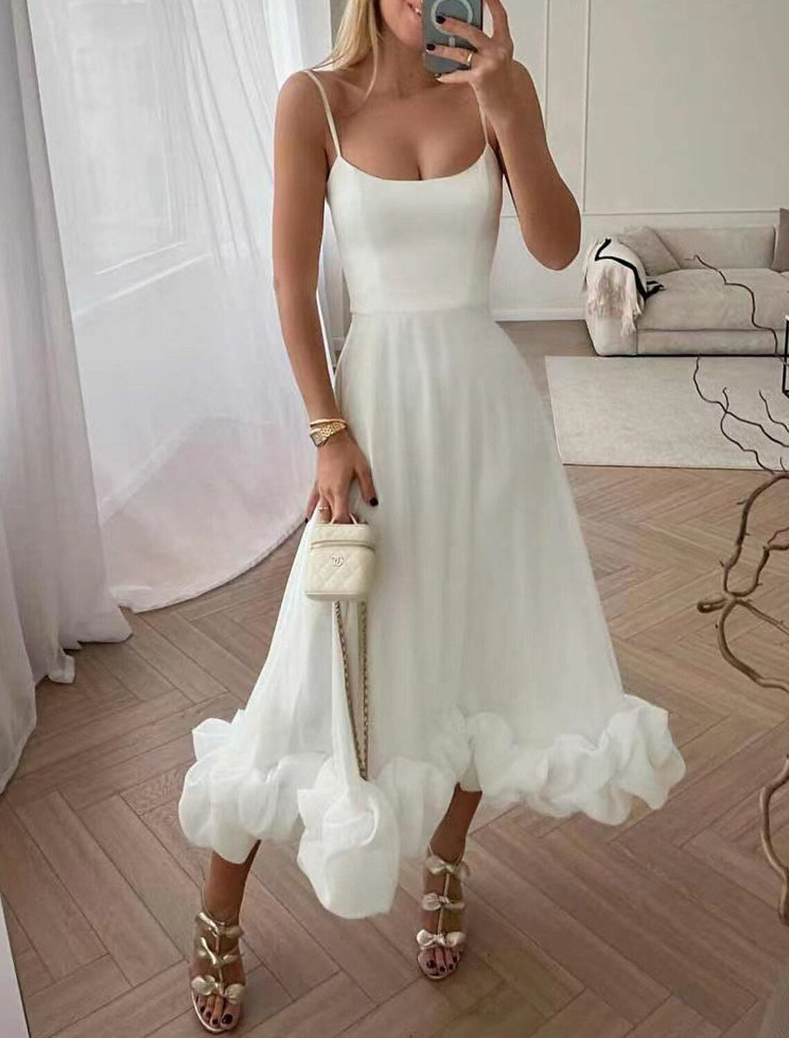 Wholesale A-Line Party Dresses Tiered Plisse Dress Wedding Guest Homecoming Tea Length Sleeveless Spaghetti Strap Polyester with Fringe
