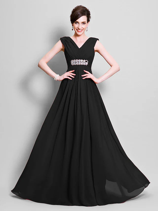 Wholesale A-Line Mother of the Bride Dress Open Back V Neck Floor Length Chiffon Sleeveless with Beading Side Draping