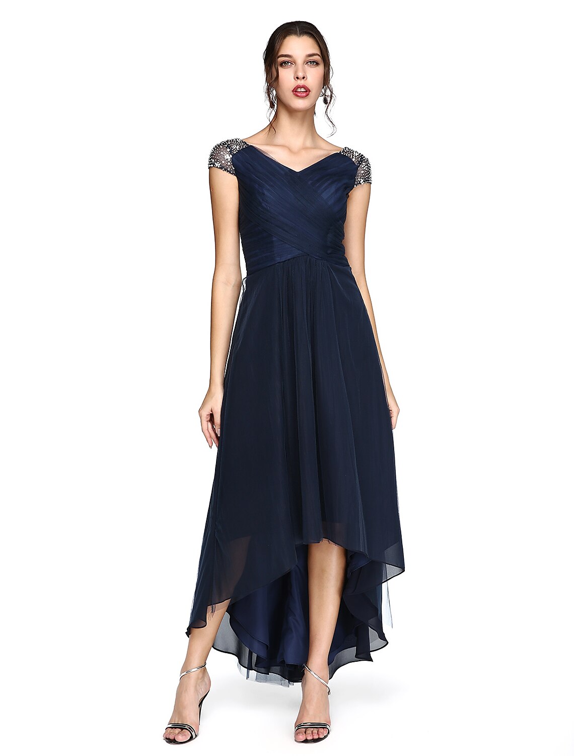 Wholesale  Sheath / Column Minimalist Dress Wedding Guest Prom Asymmetrical Short Sleeve V Neck Bridesmaid Dress Tulle V Back with Criss Cross Pleats Beading