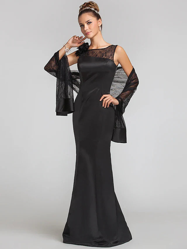 Wholesale Mermaid / Trumpet Mother of the Bride Dress Wrap Included Jewel Neck Floor Length Satin Lace Sleeveless with Lace Buttons Flower