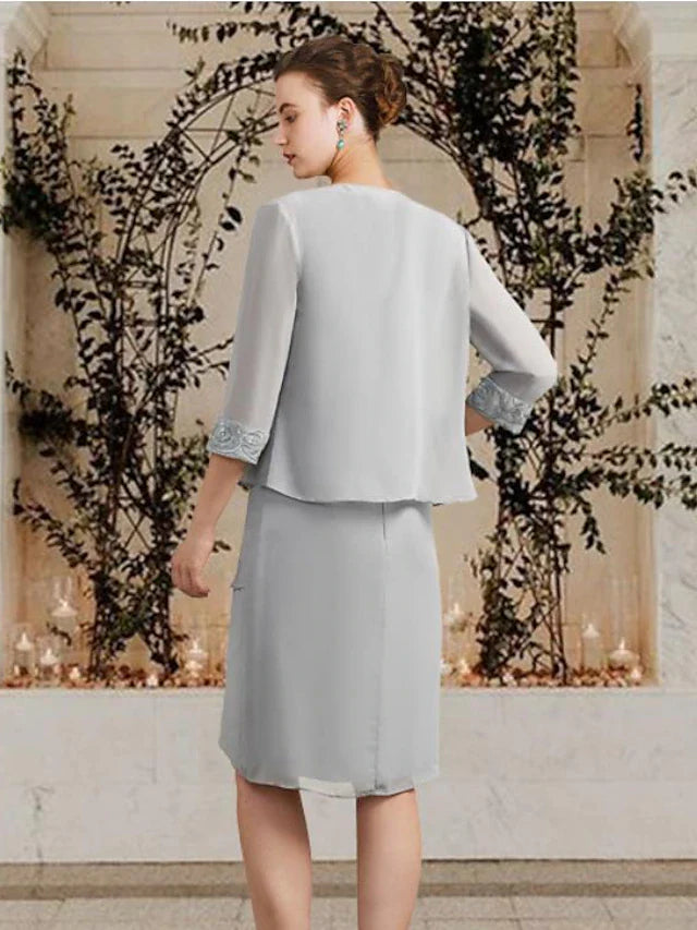 Wholesale Two Piece Sheath / Column Mother of the Bride Dress Church Elegant Square Neck Jewel Neck Knee Length Chiffon Lace Sleeveless Wrap Included with Ruffles Appliques