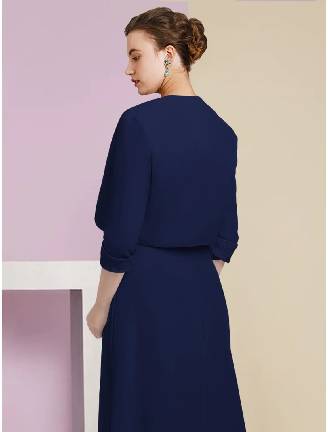 Wholesale A-Line Mother of the Bride Dress Wedding Guest Elegant Scoop Neck Ankle Length Stretch Chiffon Half Sleeve with Crystals Ruching