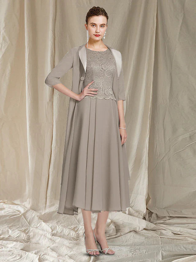 Wholesale Two Piece A-Line Mother of the Bride Dress Church Elegant Jewel Neck Tea Length Chiffon Lace Half Sleeve Jacket Dresses with Appliques