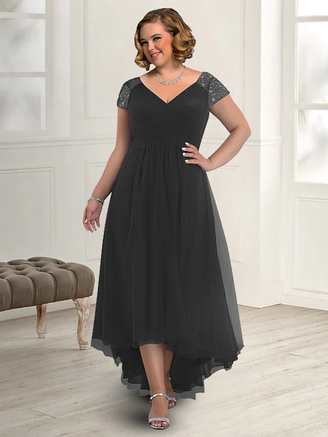 Wholesale A-Line Mother of the Bride Dress Plus Size Elegant High Low V Neck Asymmetrical Floor Length Chiffon Short Sleeve with Pleats Beading