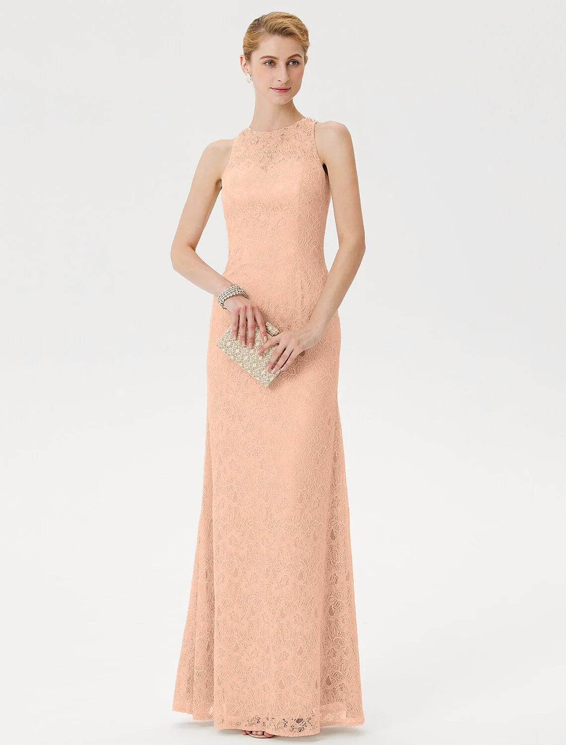 Wholesale Sheath / Column Mother of the Bride Dress Elegant See Through Illusion Neck Floor Length Lace Sleeveless with Crystals Beading