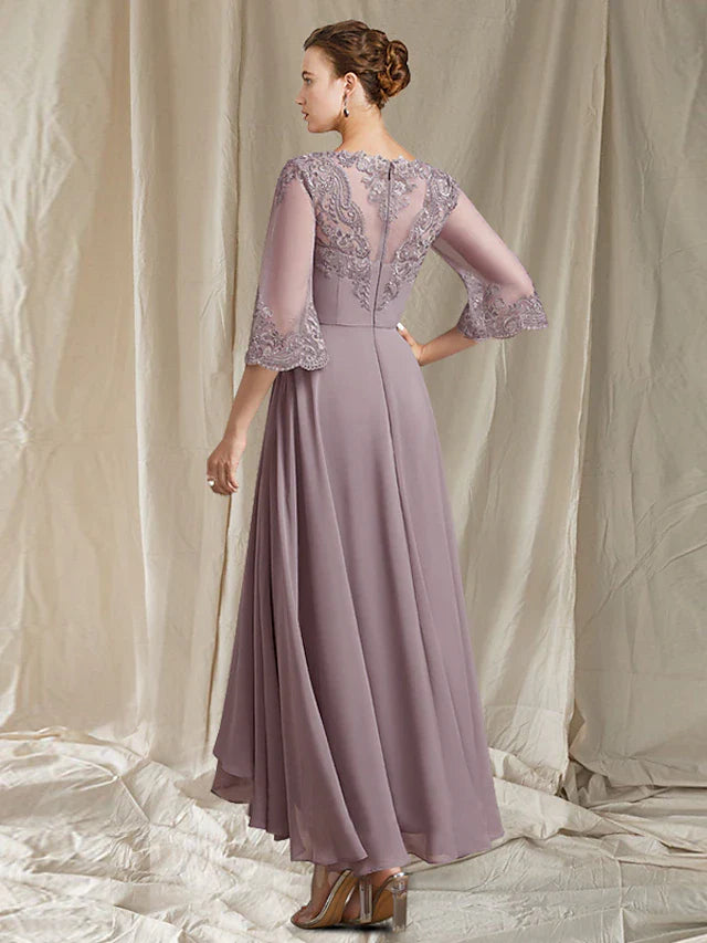 Wholesale Sheath / Column Mother of the Bride Dress Elegant High Low Square Neck Asymmetrical Ankle Length Chiffon Lace 3/4 Length Sleeve with Pleats Appliques