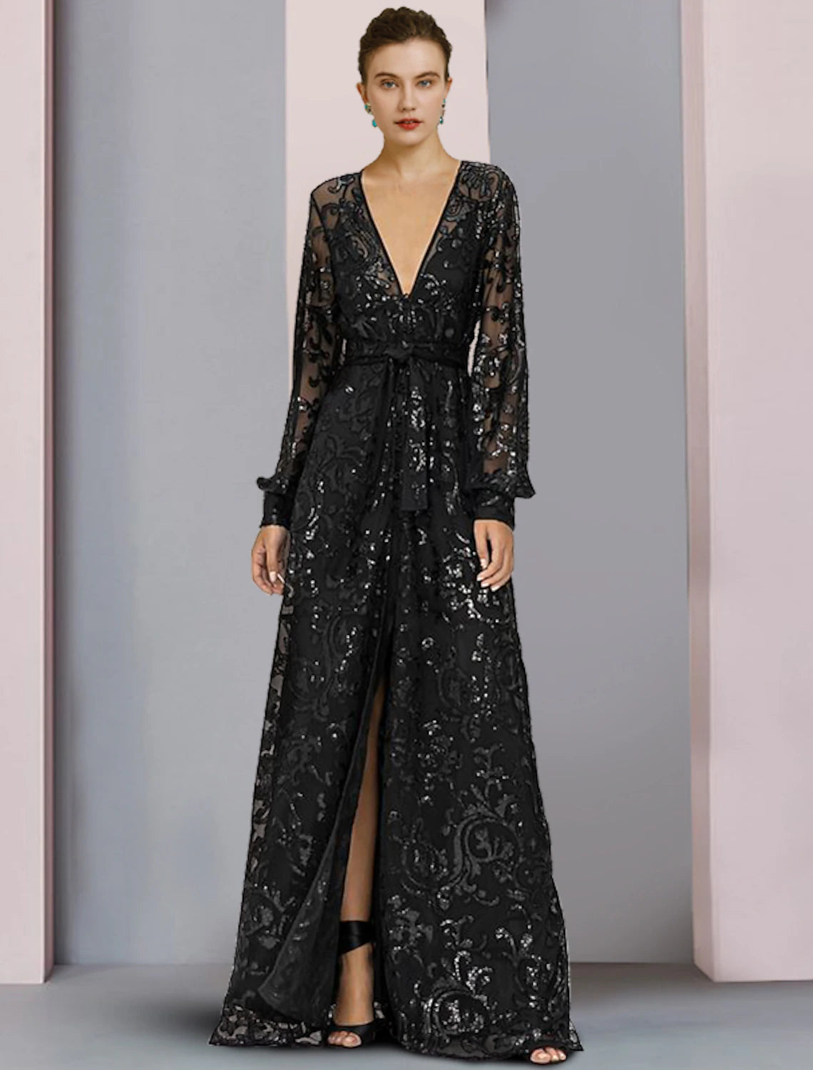 Wholesale A-Line Mother of the Bride Dress Wedding Guest Elegant Sparkle & Shine V Neck Floor Length Lace Sequined Long Sleeve with Sequin Appliques Split Front