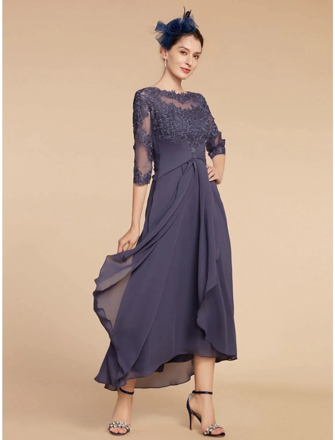 Wholesale A-Line Mother of the Bride Dress Wedding Guest Elegant Scoop Neck Ankle Length Chiffon Lace 3/4 Length Sleeve with Ruching Solid Color
