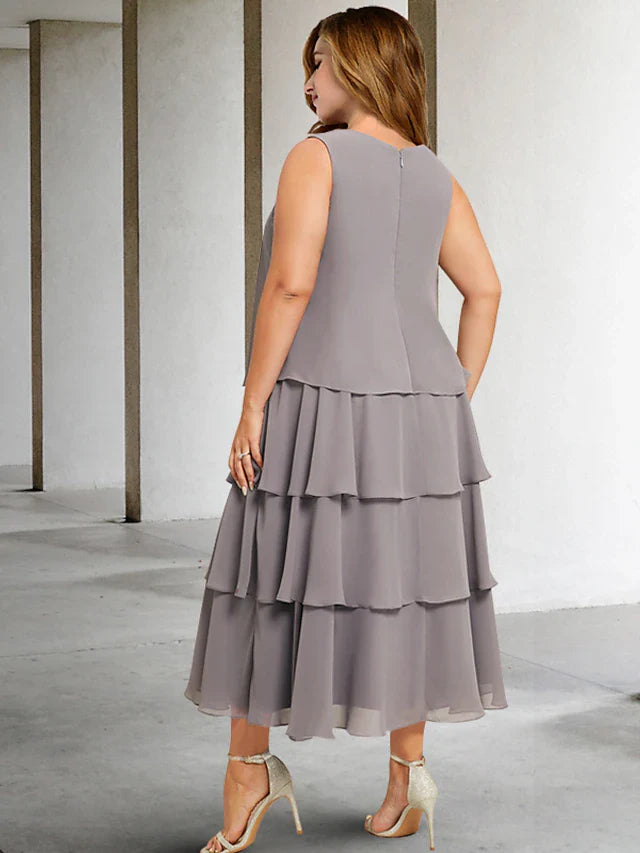 Wholesale Two Piece A-Line Plus Size Curve Mother of the Bride Dresses Elegant Dress Formal Tea Length Sleeveless Jewel Neck Chiffon with Ruffles Appliques