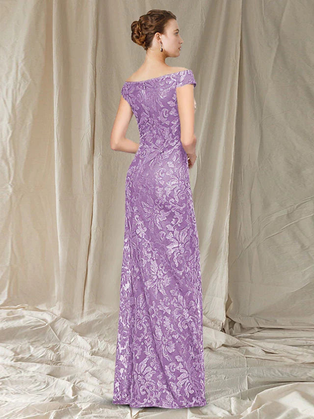 Wholesale Sheath / Column Mother of the Bride Dress Elegant Jewel Neck Floor Length Lace Cap Sleeve with Appliques