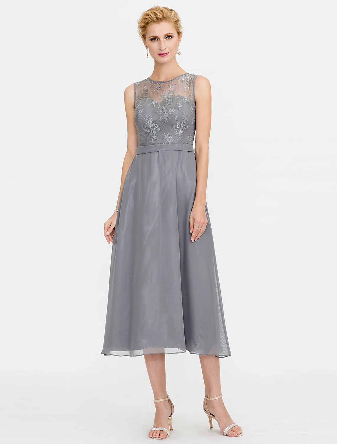 Wholesale A-Line Mother of the Bride Dress Fall Wedding Guest Dresses Plus Size Elegant Illusion Neck Tea Length Chiffon Corded Lace Sleeveless Wrap Included with Lace Pleats