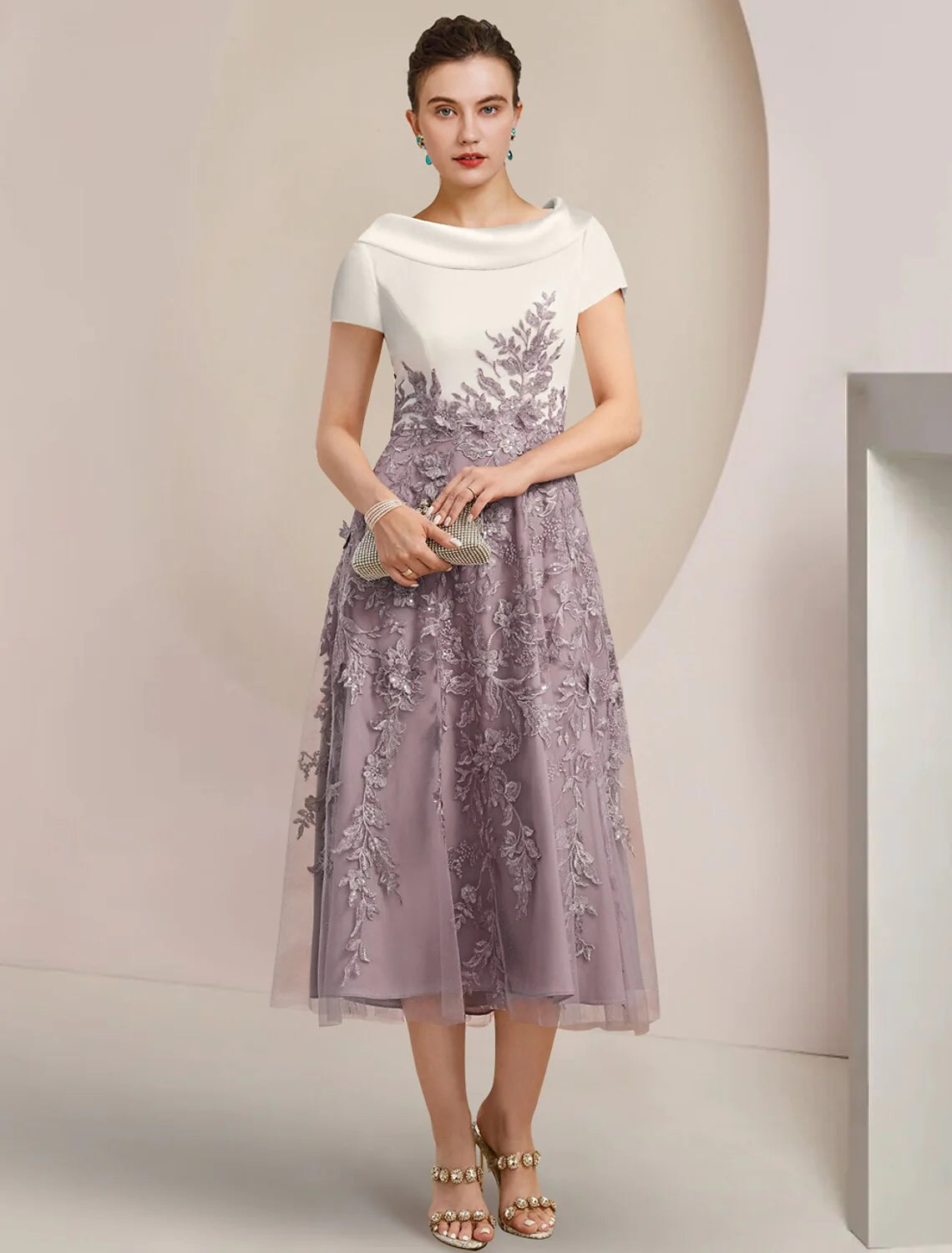 Wholesale A-Line Mother of the Bride Dress Formal Wedding Guest Elegant Scoop Neck Tea Length Satin Lace Short Sleeve with Sequin Appliques Color Block