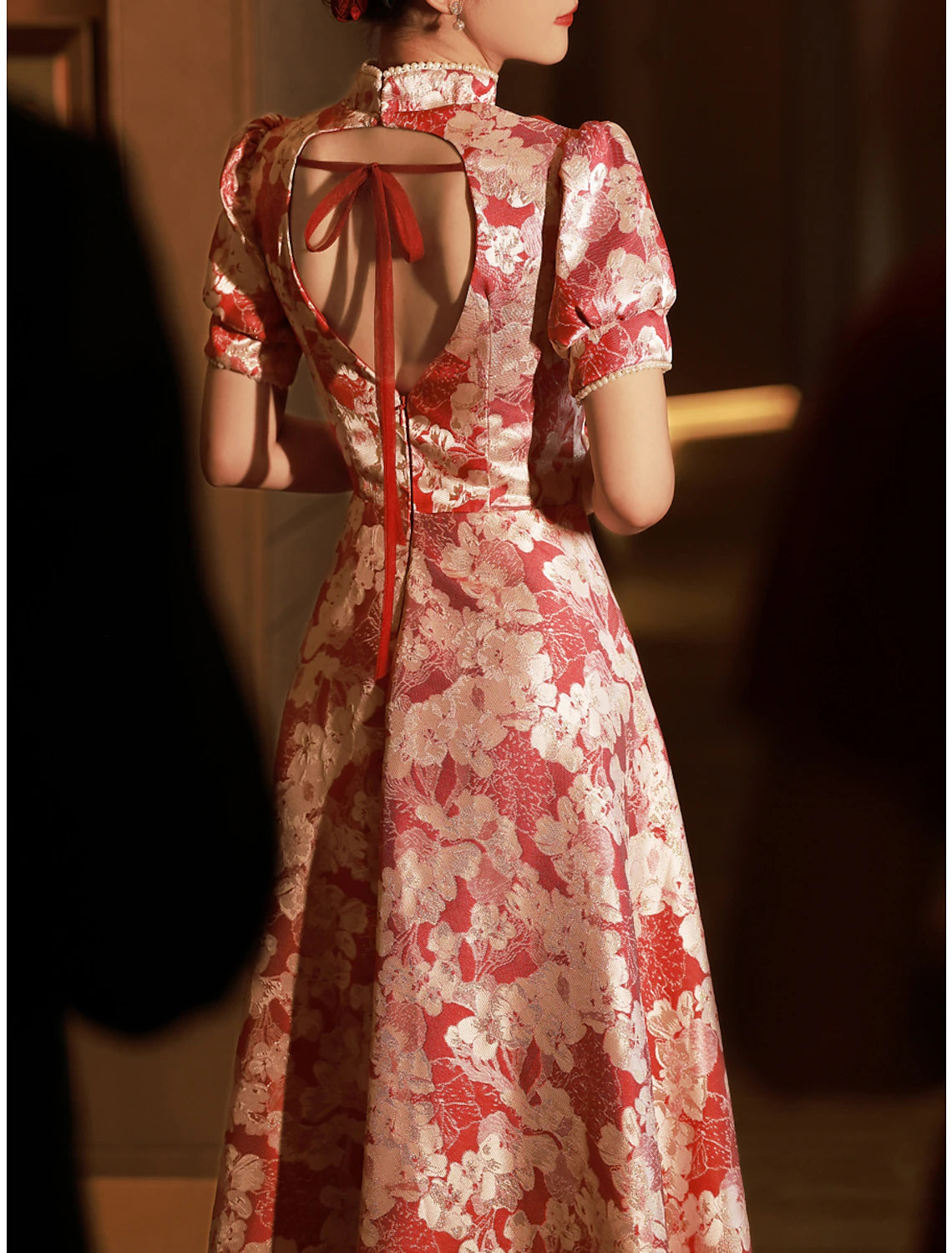 Wholesale A-Line Evening Gown Chinese Style Dress Engagement Floor Length Half Sleeve Stand Collar Satin with Pearls Strappy