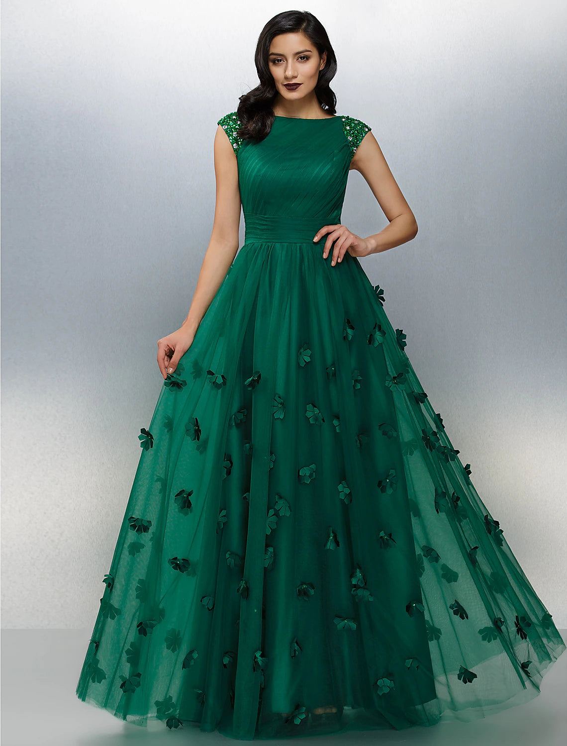 Wholesale  A-Line Floral Dress Wedding Guest Prom Floor Length Short Sleeve Boat Neck Tulle with Crystals Appliques