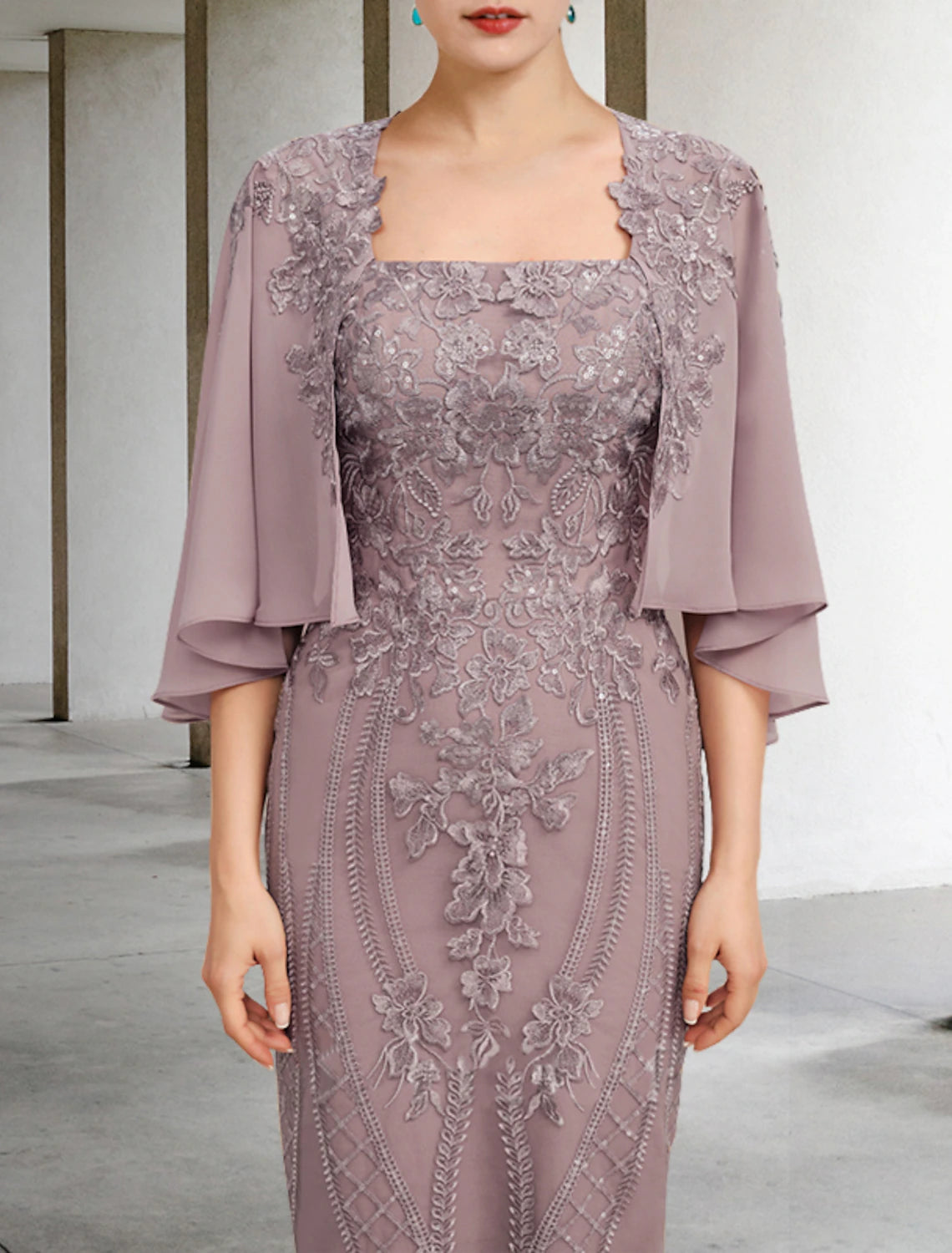 Wholesale  Sheath / Column Mother of the Bride Dress Vintage Elegant Square Neck Knee Length Chiffon Lace Sleeveless Jacket Dresses with Appliques