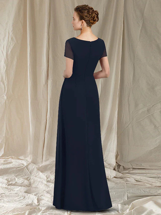Wholesale Sheath / Column Mother of the Bride Dress Simple Elegant V Neck Floor Length Chiffon Short Sleeve with Ruched