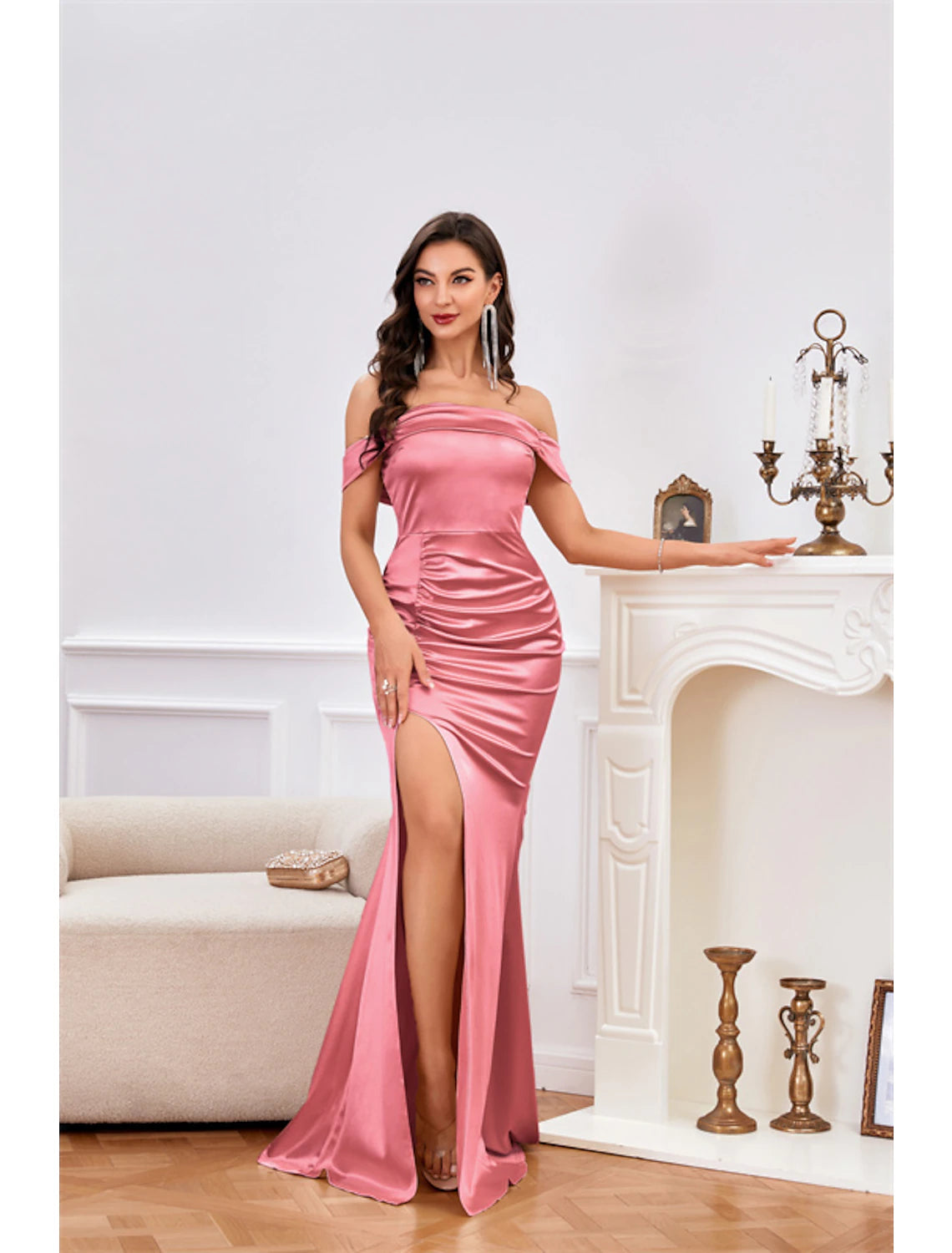 Wholesale Mermaid / Trumpet Party Dresses Vintage Dress Wedding Party Summer Sweep / Brush Train Sleeveless Off Shoulder Stretch Satin with Ruched