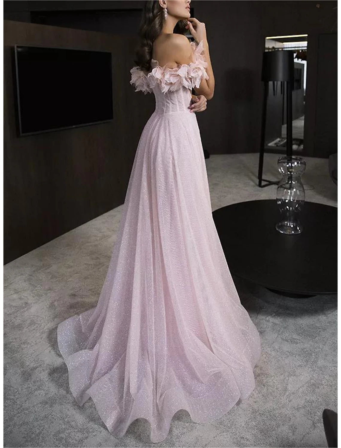 Wholesale A-Line Prom Dresses Glittering Dress Prom Birthday Floor Length Sleeveless Off Shoulder Tulle with Glitter Crystals