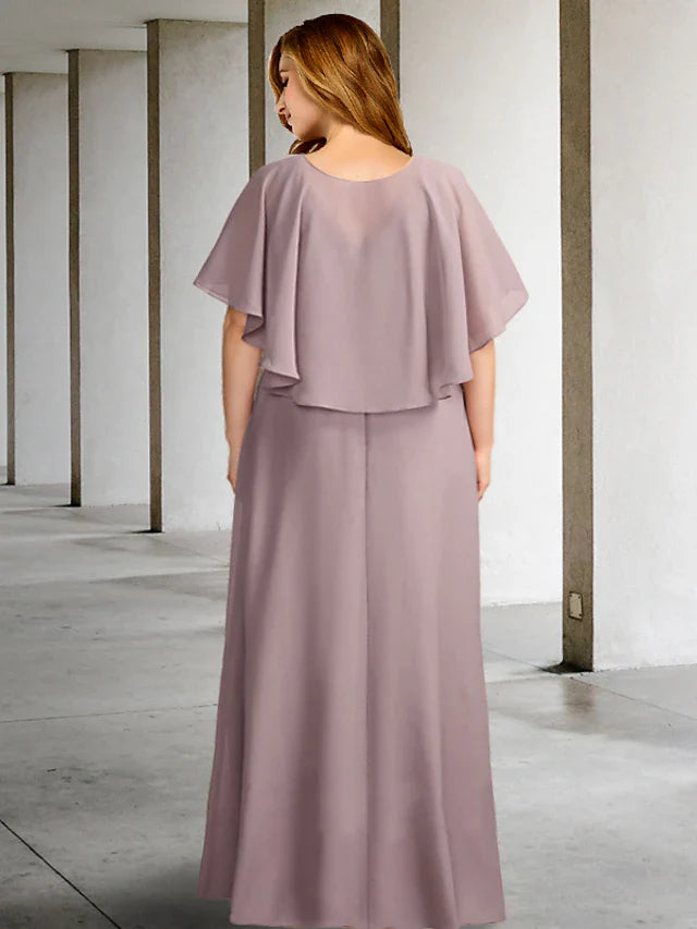 Wholesale Two Piece A-Line Plus Size Curve Mother of the Bride Dresses Elegant Dress Formal Floor Length Sleeveless V Neck Chiffon with Pleats Ruffles