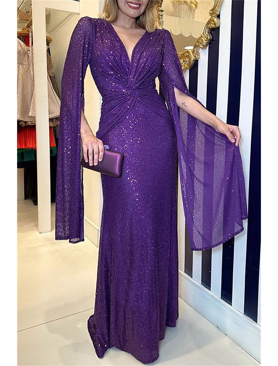 Wholesale Mermaid / Trumpet Evening Gown Elegant Dress Formal Wedding Guest Floor Length Sleeveless V Neck Capes Sequined with Ruched Sequin