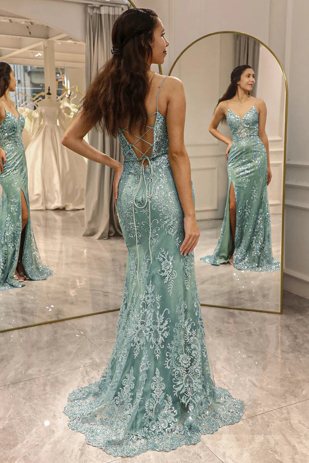 Wholesale Gorgeous Glitter Green Mermaid Lace Up Long Prom Dress With Slit prom dresses with long sleeves