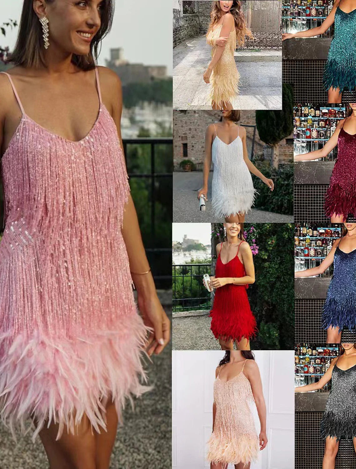 Wholesale A-Line Party Dresses Sparkle & Shine Dress Prom Wedding Party Short / Mini Sleeveless Spaghetti Strap Sequined with Feather Fringe Sequin