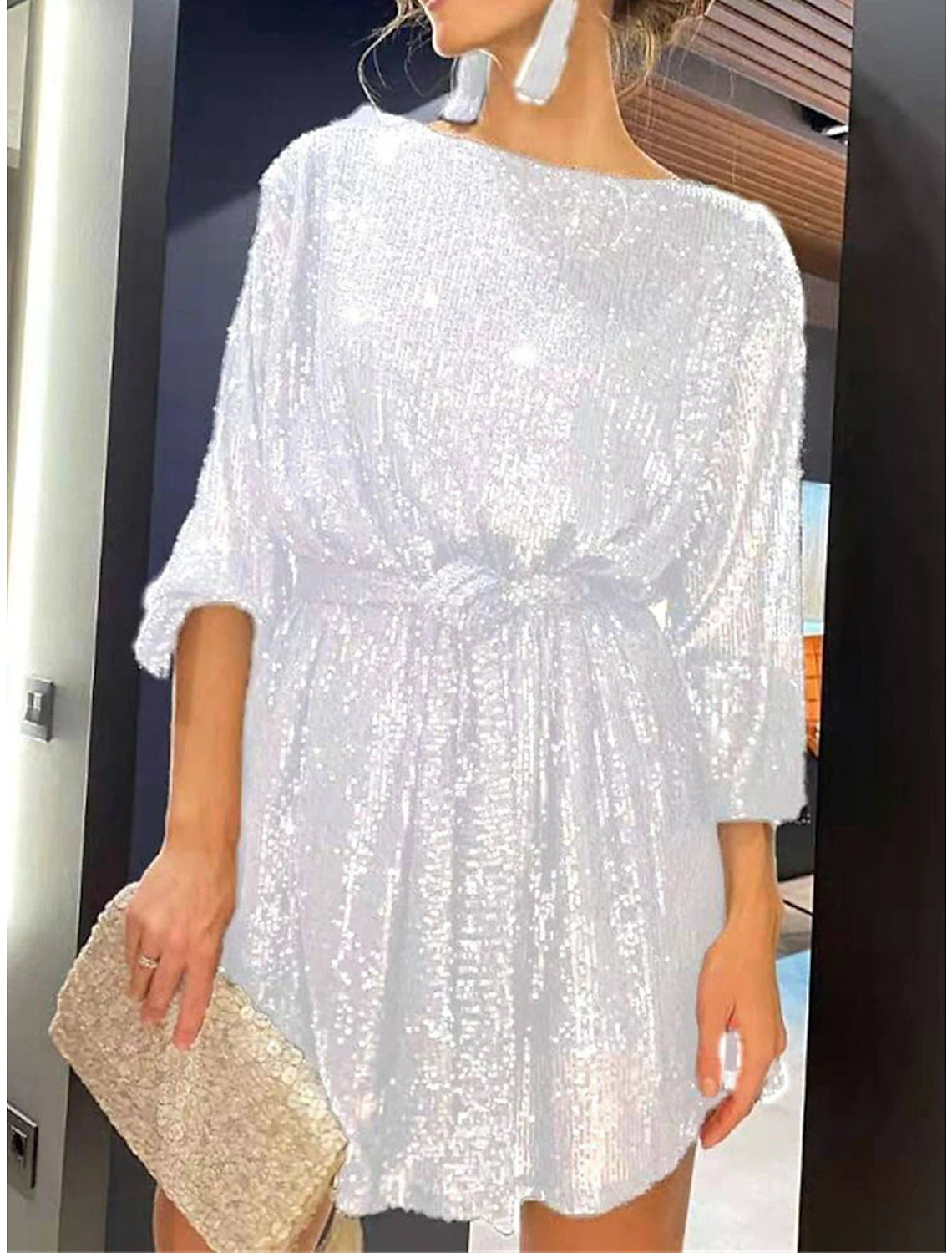 Wholesale Women's Gold Sequin Dress Party Dress New Year's Eve Dress Sparkly Dress Black Dress Homecoming Cocktail Dress Mini Dress Silver White Long Sleeve Sparkly Glitter Lace up Winter Dress