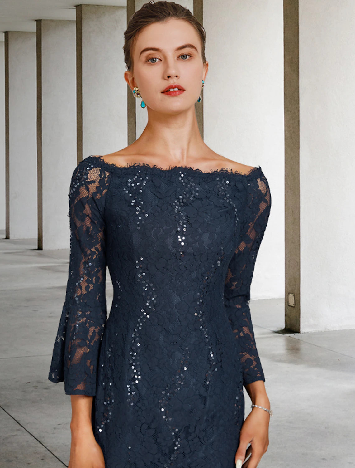 Wholesale  Sheath / Column Mother of the Bride Dress Wedding Guest Vintage Elegant Jewel Neck Tea Length Lace 3/4 Length Sleeve with Sequin Fall