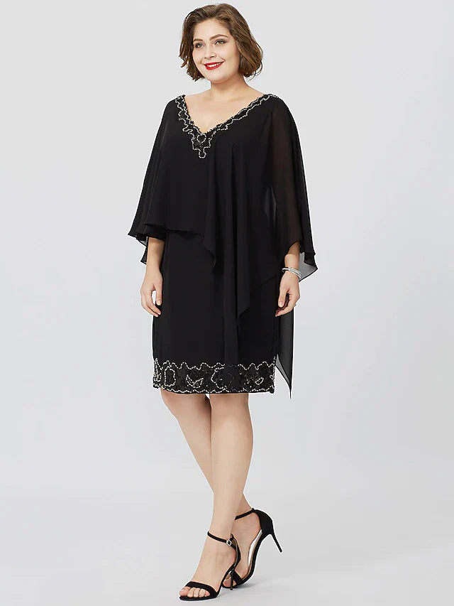 Wholesale Sheath / Column Mother of the Bride Dress Formal Classic & Timeless Elegant & Luxurious Plus Size V Neck Knee Length Chiffon Sleeveless No with Crystals Beading