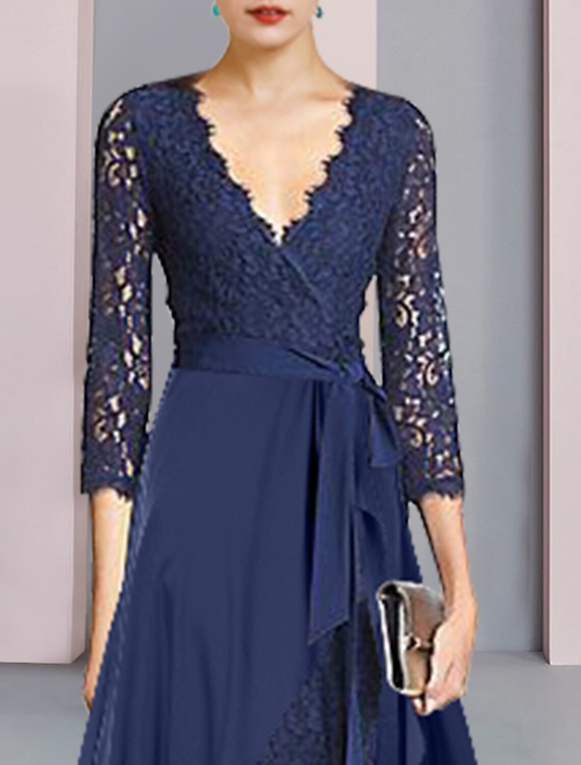 Wholesale  Two Piece Sheath / Column Mother of the Bride Dress Formal Wedding Guest Elegant V Neck Knee Length Chiffon Lace 3/4 Length Sleeve with Bow(s)