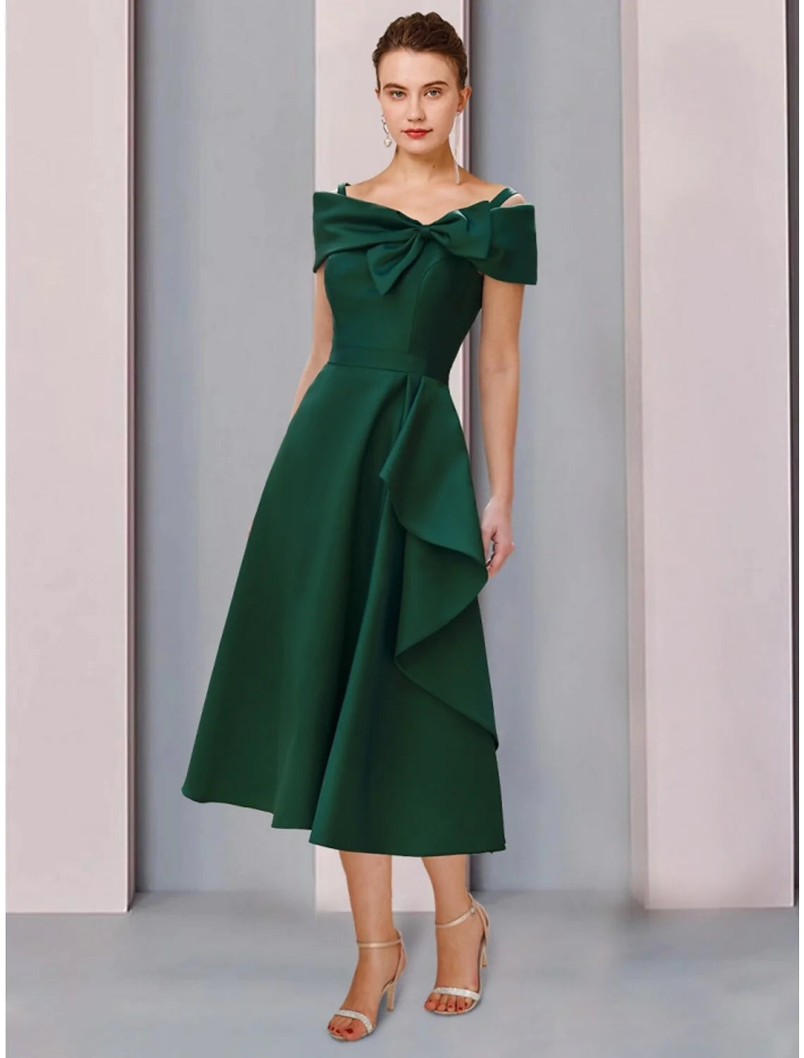 Wholesale A-Line Mother of the Bride Dress Wedding Guest Elegant Off Shoulder Tea Length Satin Short Sleeve with Bow(s) Ruffles Ruching