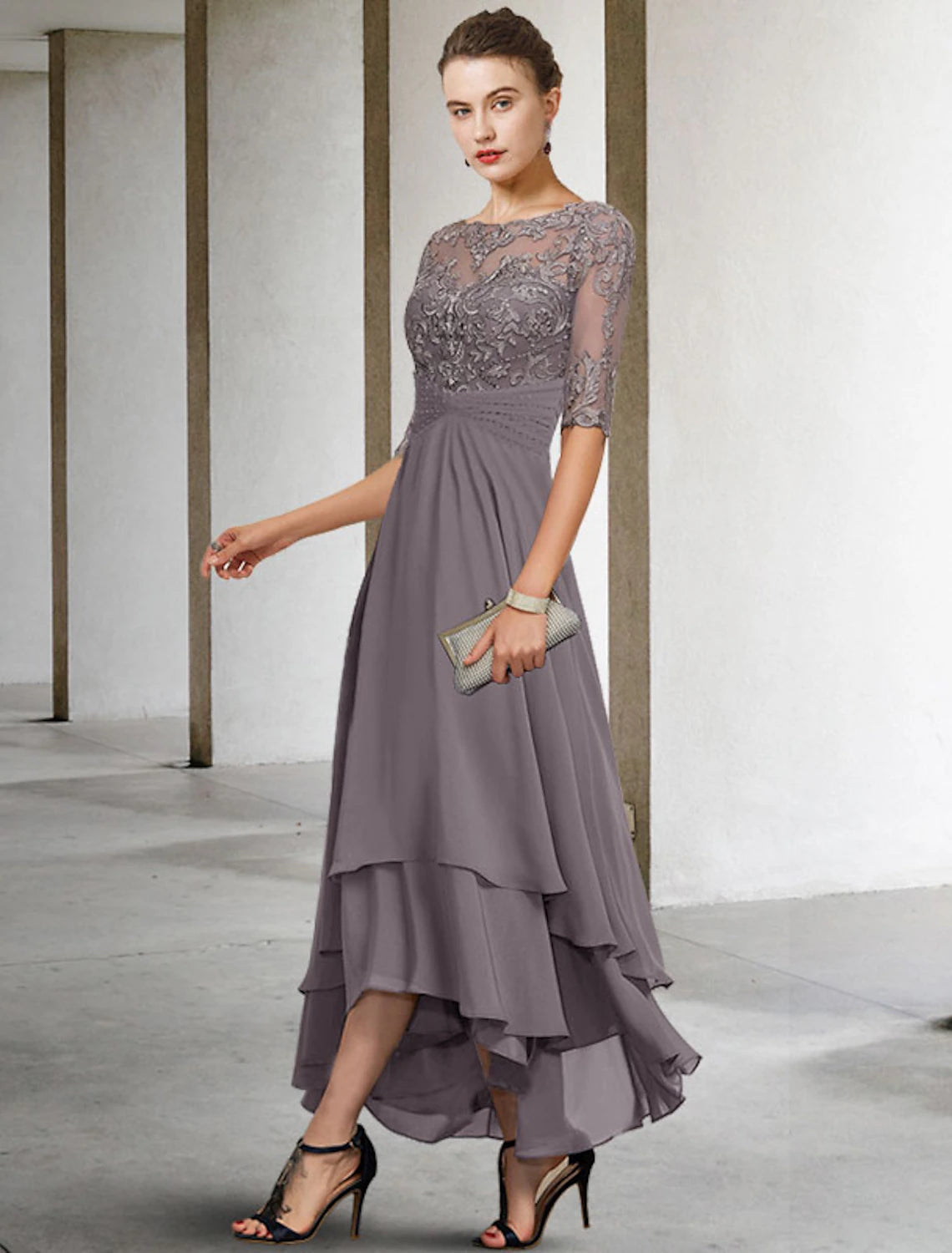 Wholesale  A-Line Mother of the Bride Dress Plus Size Elegant High Low Jewel Neck Asymmetrical Ankle Length Chiffon Lace Half Sleeve with Beading Ruffles Appliques