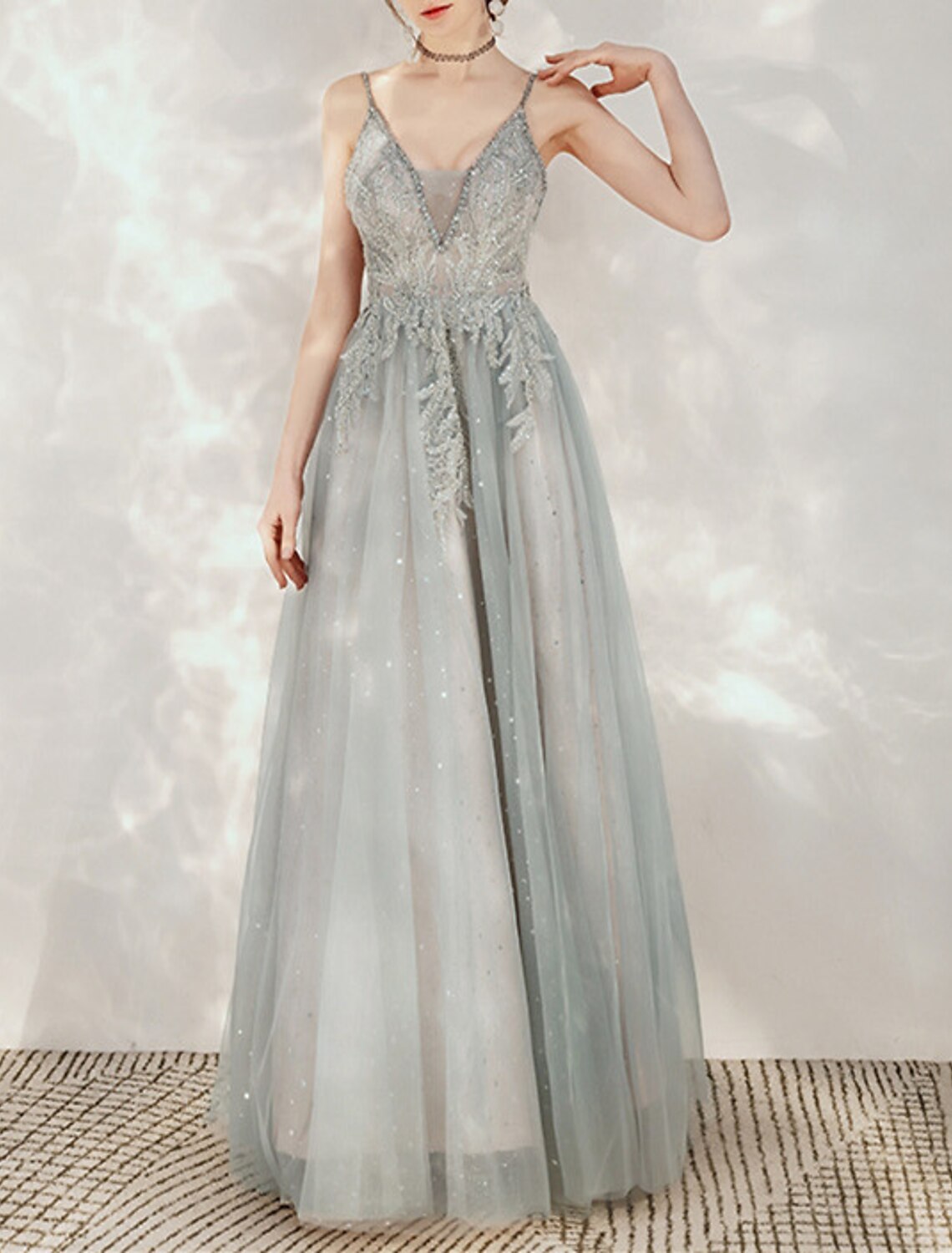 Wholesale A-Line Party Dresses Glittering Dress Prom Wedding Party Floor Length Sleeveless Spaghetti Strap Tulle Backless with Glitter