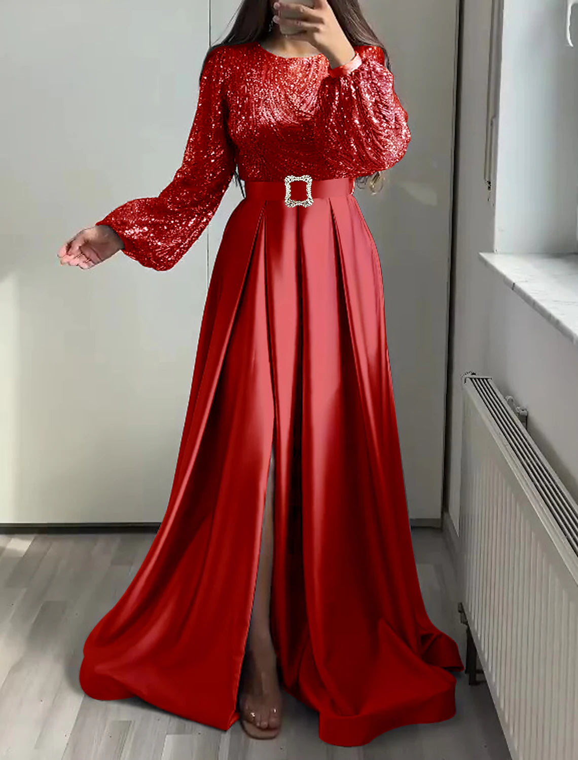 Wholesale A-Line Evening Gown Elegant Dress Wedding Black Tie Floor Length Long Sleeve Jewel Neck Fall Wedding Guest Satin with Sequin