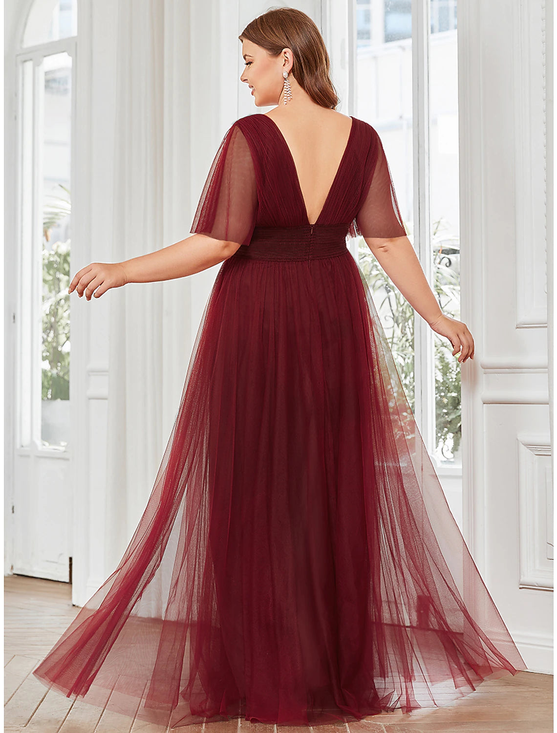 Wholesale A-Line Bridesmaid Dress V Neck Short Sleeve Plus Size Floor Length Tulle with Ruffles / Draping / Tier